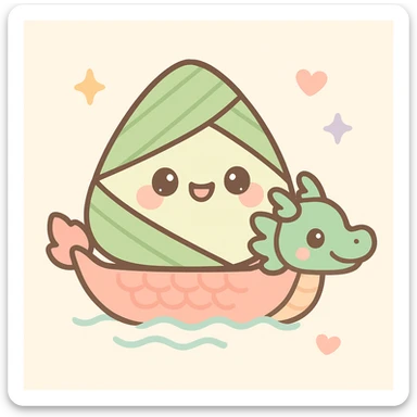 zongzi with a small dragon boat, cartoon style, lively and festive scene, suitable for children for Dragon Boat Festival sticker