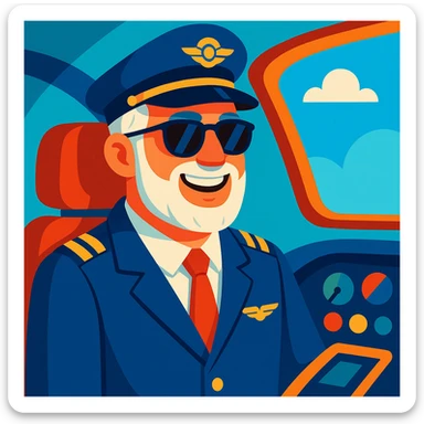 middle-aged male pilot, white skin, silver hair, beard, smiling, wearing sunglasses, vibrant toon cartoon style sticker