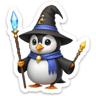 cute penguin dressed as a wizard, wearing a pointed hat and holding a magic staff, emoji style sticker
