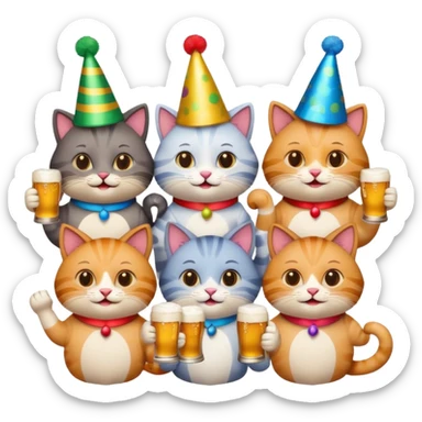 six cats at a 40th birthday party, each holding a beer, cheerful, emoji style sticker