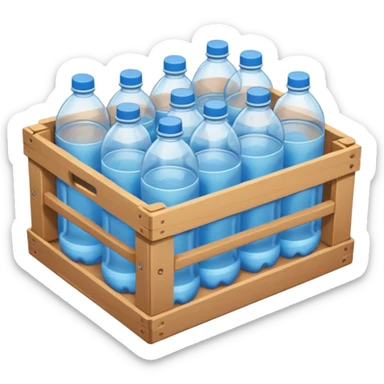 A 3D cartoon crate filled with water bottles, neatly arranged, bright industrial background, smooth reflections, realistic Memoji-style. sticker