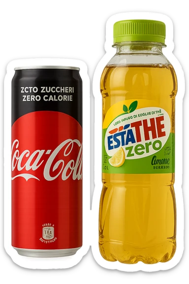 lattina di coca cola zero fluttua accanto a bottiglia di esta-thè zero, iperrealistiche 4k sticker