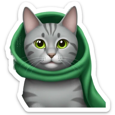 gray cat with a green blanket sticker