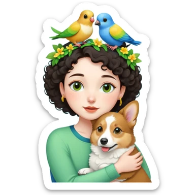 Dark short curly hair with pale skin and thin eyebrows girl hugging a welsh corgi. And a green-reddish lovebird on her head with yellow, blue love birds around her. sticker