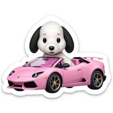 Snoopy in a Lamborghini, the Lamborghini is sideways and Snoopy isn't big, the Lamborghini is pink sticker