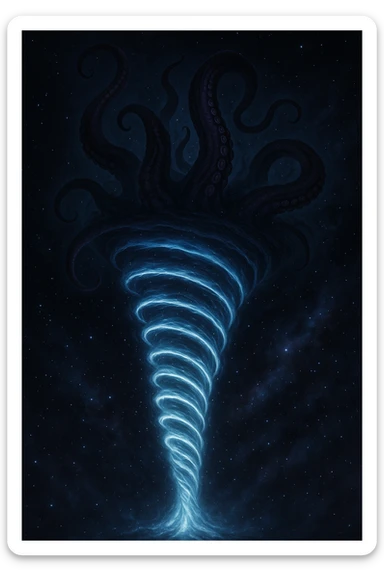 A space-time rift in the form of a tornado, with luminous spirals and monstrous tentacles of an eldritch god emerging from the upper opening, mysterious and ominous, starry background sticker