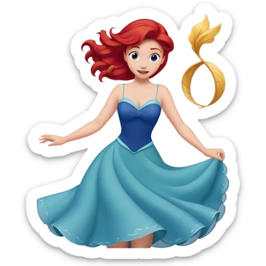 Disney human Ariel with red hair, twirling in her blue dress, excited expression sticker