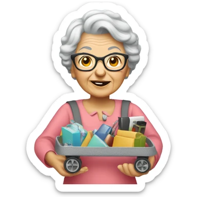 Granny pushing a cart full of hight tech devices sticker