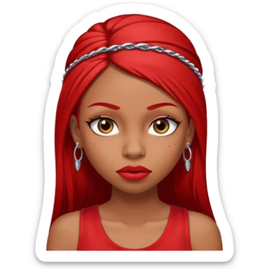 light-skinned black girl with very long eyelashes with long strait dark brown hair with edges wearing a red top with no sleeves. and a red accessory on her head with nose and mouth piercings and is a baddie and looks like a bad girl. sticker