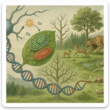 A panoramic scientific illustration merging all key biology topics for grades 11-12 into one continuous ecosystem scene, ultra-realistic style: In the foreground, a neuron (neurobiology) synapses with a leaf's vascular system (applied biology). The leaf undergoes photosynthesis (energy conversion) while revealing microscopic views of chloroplasts and mitochondria. Its DNA strands (molecular genetics) morph into a phylogenetic tree (evolution) that forms the landscape. In the background, a balanced ecosystem (ecology) shows predator-prey dynamics and nutrient cycling. All elements flow together organically through biological connections - no artificial borders, labels, or sections. Color palette: natural greens/blues with molecular structures in accurate scientific colors (red ATP, blue DNA). Style: National Geographic scientific realism with macro-to-micro transitions. sticker