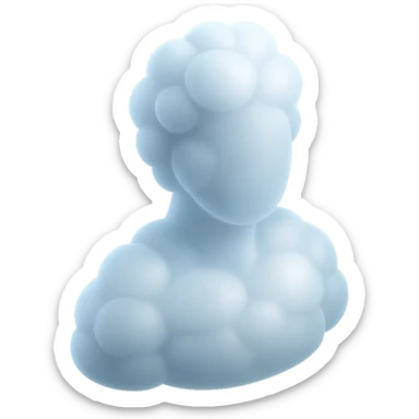 person made entirely of white fluffy convex clouds, shoulder up, front view, matte glass style sticker
