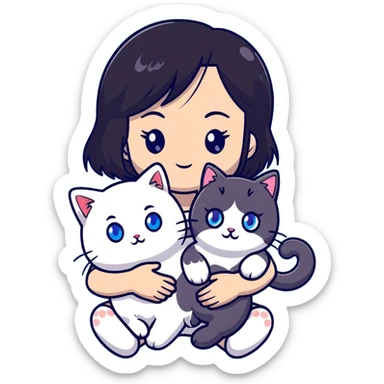 Cute Asian girl with black hair cradling a fluffy ragdoll cat with blue eyes sticker
