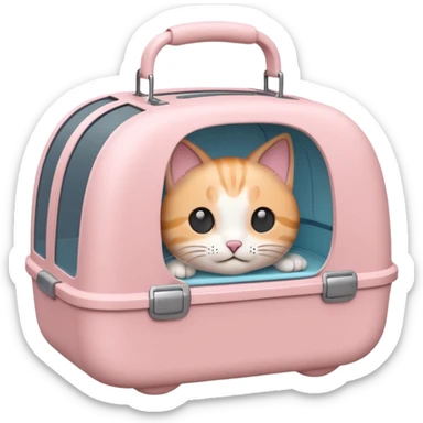A cute emoji-style cat carrier — rounded, soft edges, cartoon-like design, pastel colors, with a small handle on top and tiny ventilation holes on the side. Simple, minimal details, high contrast, clean outline. sticker