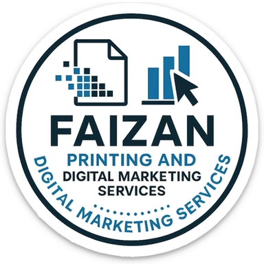 circular emblem style logo for 'Faizan Printing and Digital Marketing Services' including a paper sheet and pixel elements for printing, cursor arrow and digital bar chart for digital marketing, blue black and white colors, bold professional font, creative digital accent around text, clean modern suitable for all media sticker