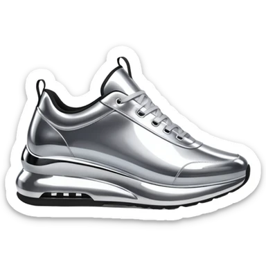 A pair of futuristic sneakers emoji made of silver chrome, sleek streetwear design, smooth metallic panels, subtle reflections, luxury swag aesthetic, iOS emoji style, centered, clean white background sticker
