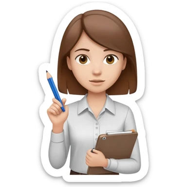 Intern or volunteer with brown hair holding a clipboard and pencil, ready to take notes or assist. The character wears a simple shirt and has an eager posture sticker