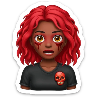 Faça me um emoji de um zumbi mulher de cabelos vermelho escuro longos ondulado usando uma blusa preta, faça no estilo iphone sticker