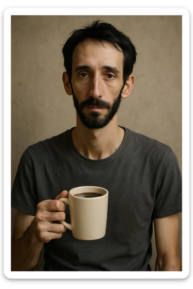A thin guy with black hair, a long face, black beard, not too thick and long, holding a mug of coffee sticker