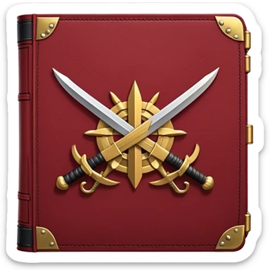 A dark crimson red book with black and gold details, a rugged leather texture, and an emblem of crossed swords, a knight chess piece, or a battle flag, radiating strategy, discipline, and the art of power sticker