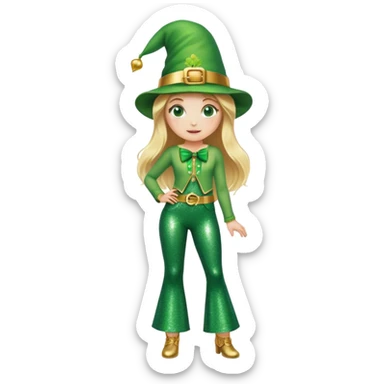 Blonde haired girl in glittery green bell bottoms and tall leprechaun hat sticker