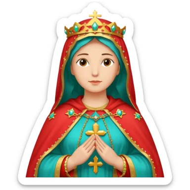 virgen maria catolica con vestido rossa, coral y manto verde turquesa y pequeñas estrellas doradas, dispersas por el manto, muchas estrellas en su manto.con las manos juntas sticker