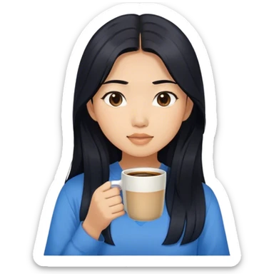 asian girl with black long hair and blue shirt drinking coffee sticker