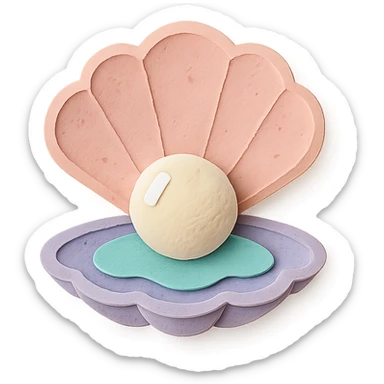 illustration of a clam shell open with a shiny pearl inside, soft pastel colors, paper-craft style sticker