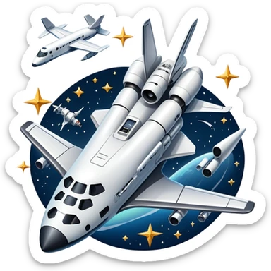 An icon featuring a space shuttle, a drone, and an airplane against a starry sky, symbolizing aerospace technology. The design includes rocket boosters and satellite orbits, representing the exploration of space and advanced aviation. Transparent background sticker