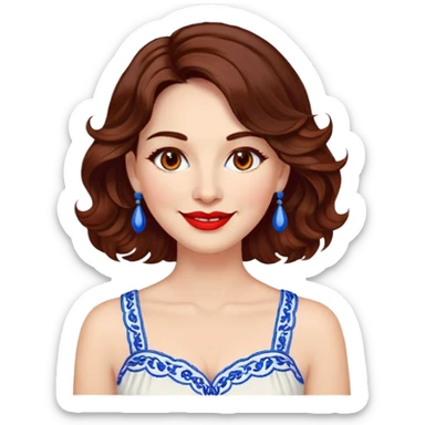 Artistic woman in her 40s with bright complexion, round face, big lively light brown eyes, wide friendly smile, vibrant red lips, voluminous wavy dark brown hair to shoulders, white summery dress with blue embroidery and electric blue neckline sticker