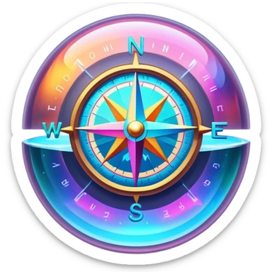 A glowing holographic compass with vibrant neon colors, inside a crystal-clear floating sphere sticker