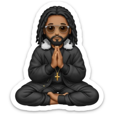 African American man with shoulder length black dreadlocks with black beard wearing black sunglasses wearing a black bubble winter coat praying on knees sticker
