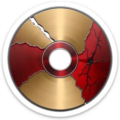 Minimalist emoji-style sticker of a single CD with a sharp crack and a dried blood spot. View from above, black, gray, and muted red.
 sticker