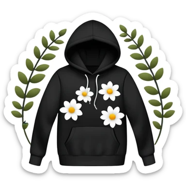 The BLACK Hoodie features a black base with distinctive white and black  open flower spots with empty space in the middle, These hollow ring-like patterns are scattered across. BLACK AND WHITE FLOWERS SPACED OUT FLOWERS, AND ONLY A FEW FLOWERS AND NO DOTS, NO VINES, NO LEAVES sticker