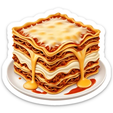 Lasagne alla Bolognese Cinematic Realistic Lasagne alla Bolognese Dish Emoji, depicted as a messy, layered pasta dish overflowing with melted cheese and rich meat sauce, rendered with hearty textures and warm, indulgent lighting. sticker