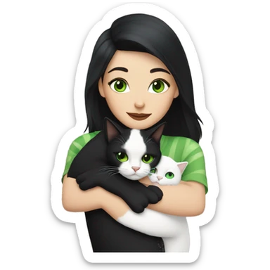 A white woman with black hair and green eyes hugs a black cat with a stripe on her face sticker
