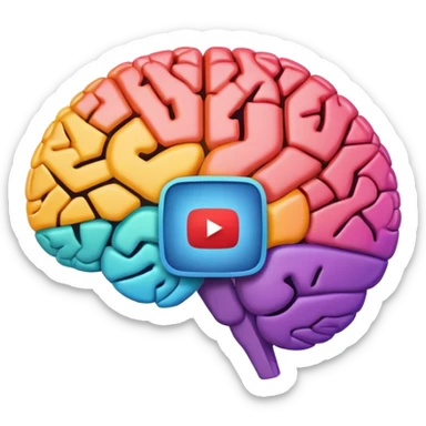 Stylized brain illustration with YouTube logo elements integrated, neural network nodes forming play button shape, digital art style, vibrant color palette, professional icon design, square format sticker