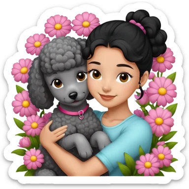 A beautiful girl with black ponytail happily hugs a gray poodle in the flowers sticker