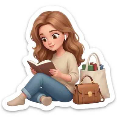 detailed emoji scene of a woman with long light brown wavy hair and light brown eyes reading a book, wearing AirPods in her ears, sitting comfortably with a handbag next to her and a tote bag full of books, cozy reading atmosphere, clean emoji style sticker