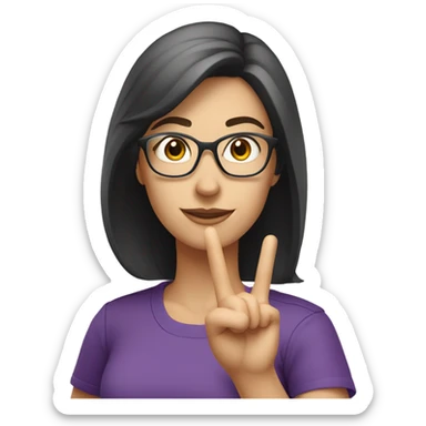 a caucasian brunette female, wearing a purple t-shirt and glasses, making the military salute gesture sticker