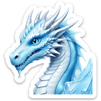 Cinematic Noble wise elegant Ice Dragon Portrait Emoji, Poised and imposing, distinct long elegant snout, with a slender, scaled body shimmering in glacial hues of icy blue, frostbitten silver, and crystalline white, breathing out frost, with piercing, glowing ice blue white eyes that radiate the chilling depths of an arctic storm; rendered in detail. excuding wisdom sticker