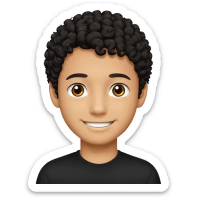 Un adolecente con camisa negra, pelo rizo pelo corto y negro y de color canela sonriendo sticker