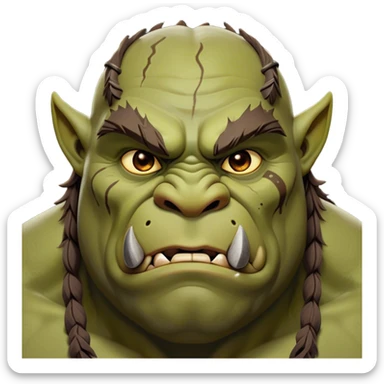 Cinematic Noble Ogre Portrait Emoji, Majestic and imposing, with a rugged, muscular form in deep earthy greens and browns, adorned with battle scars and subtle tribal markings, exuding calm, noble strength and unexpected wisdom, simplified yet strikingly detailed, glowing with a shadowy outline that captures the essence of a gentle giant with fierce heart! sticker