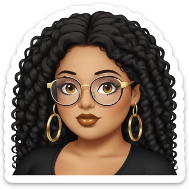 big plus size, latina, darker tan skin, gold hoops, long black curly hair, baddie,pretty, makeup, lipgloss, black eyeliner, long hair, black top, black glasses sticker