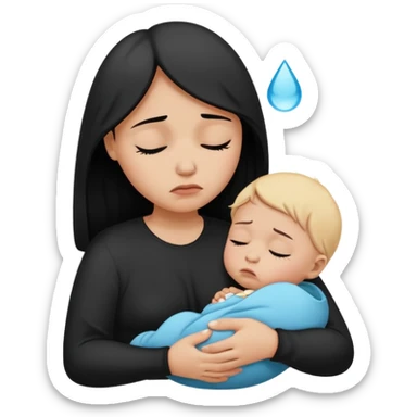 Minimalistic flat vector icon, iOS style, thin black contour on white background. Silhouette of a sad mother holding a baby, small tear drop. Clean, no text, no shadows sticker
