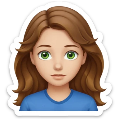 girl with brown hair, green eyes with a blue shirt no background ,young with wavy hair long brown hair with tiny blonde highlights sticker