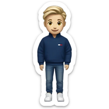 A child that is white with a dark blue tommy hilfiger sweater with a dark blue jean and adidas shoes sticker