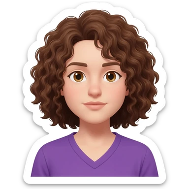 brown curly shoulder length hair, hazel eyes, pail skin, purple v-neck shirt sticker
