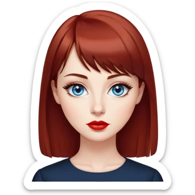Creative woman with fair skin, oval face, striking blue eyes with dark eyeliner, thin eyebrows, small nose, full lips with bright red lipstick, dark auburn hair with straight bangs, wearing an elegant black blouse, artistic expression sticker