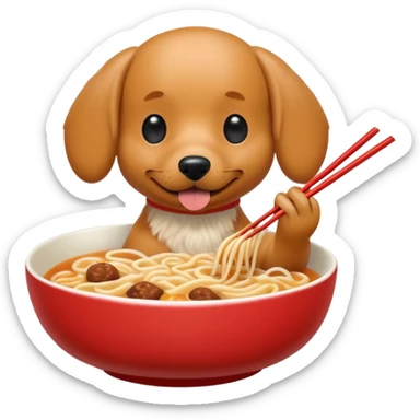 retro arcade style weenie dog eating ramen noodles out of bowl with chopsticks sticker