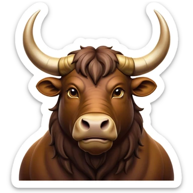 Cinematic Noble Domestic Ox Portrait Emoji, Poised and stalwart, with a massive, muscular build and a thick, smooth hide in deep earthy tones, prominent, curved horns, and steady, soulful eyes, Simplified yet sharp and sophisticated features, highly detailed, glowing with a warm, dignified glow, high shine, intelligent and dependable, stylized with an air of timeless strength, focused and attentive, soft glowing outline, capturing the essence of a watchful and confident ox that feels as though it could plod out of the screen with effortless authority! sticker